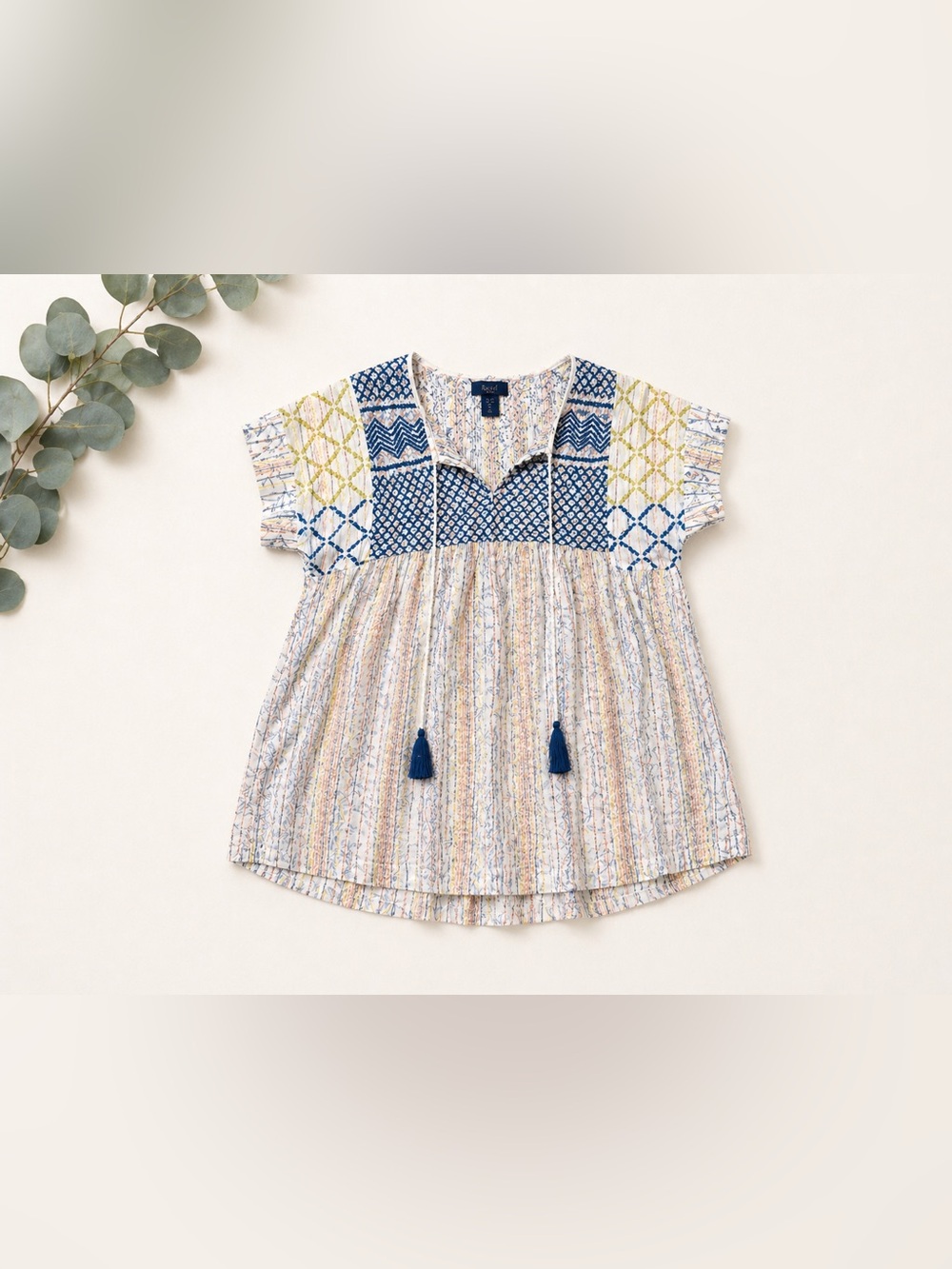 Rachel Roy Boho Patchwork Blouse | Peasant Top | Mixed Print Flowy Tunic